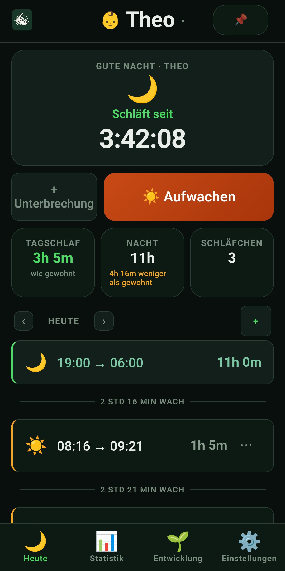 Heute-Ansicht mit aktivem Schlaf-Tracking, Aufwachen-Button und Tagesübersicht