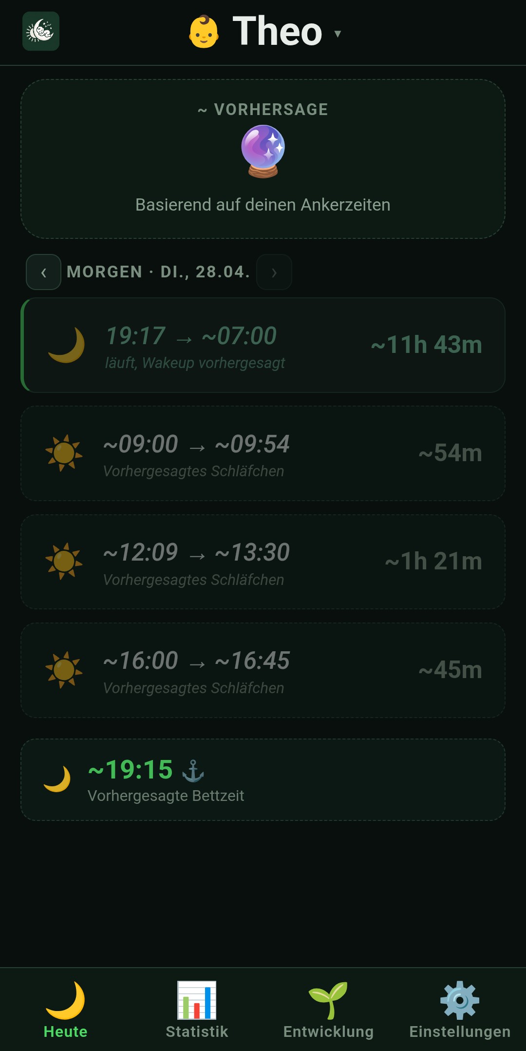 Vorhergesagte Schläfchen und Bettzeit für den nächsten Tag
